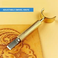 Adjustable swivel knife for precise craft cuts, perfect for leatherworking and detailed designs. Gold handle with textured grip and crescent blade for smooth, controlled carving tasks.