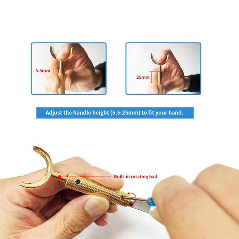 Adjustable hand grip tool with rotating ball for ergonomic use and precision control. Suitable for medical or beauty applications, featuring handle height customization from 5.5mm to 25mm.