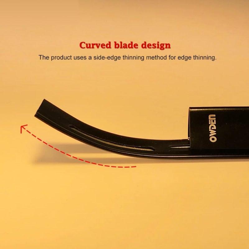 Curved blade design for precise edge thinning in eyelash extension tools.