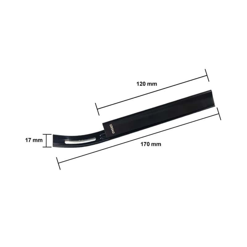 Flexible black eyelash extension remover tool with precise measurements for professional applications.