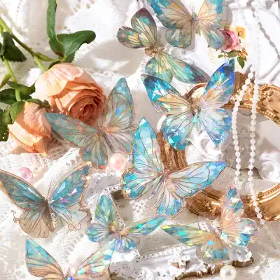 Butterfly-shaped holographic jewelry accessories from Monalisa Store, elegant and stylish for women, perfect for fashion and beauty enhancements in opt, delicate Swarovski crystal details, luxurious display setup.