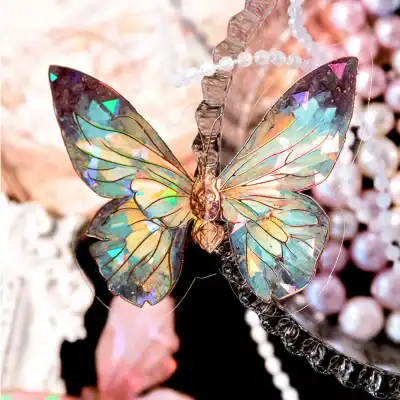 Shimmering iridescent butterfly jewelry with detailed wire accents, perfect for elegant accessories and jewelry lovers.