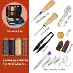 Spool of four-color wax thread, sewing needles, scissors, thimble, finger cot, measuring tape, and wooden awl, ideal for beauty, nail, and cosmetic craft projects.