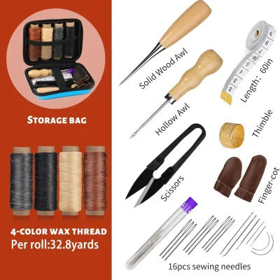 Spool of four-color wax thread, sewing needles, scissors, thimble, finger cot, measuring tape, and wooden awl, ideal for beauty, nail, and cosmetic craft projects.
