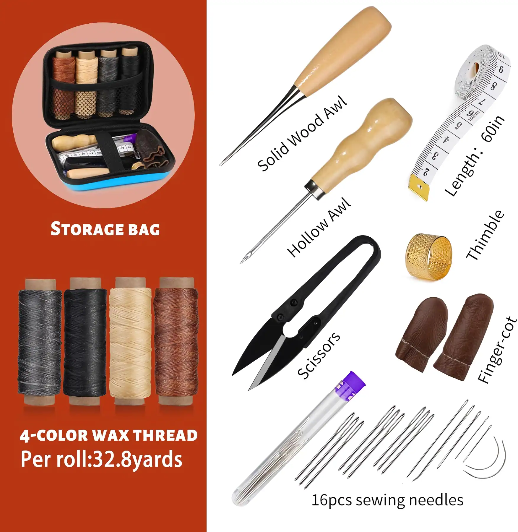 Spool of four-color wax thread, sewing needles, scissors, thimble, finger cot, measuring tape, and wooden awl, ideal for beauty, nail, and cosmetic craft projects.