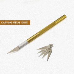 Sharp carving metal knife tool with interchangeable blades for precise detail work, ideal for jewelry and craft artisans. Gold and silver textured handle for comfortable grip and control.