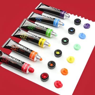Vibrant acrylic paint tubes in various colors displayed on a white surface, ideal for cosmetic and artistic applications, showcasing high-quality, bright, and durable pigments.