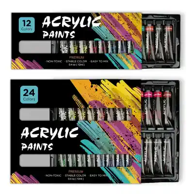 Brightly colored acrylic paint sets with 12 and 24 vibrant shades, perfect for art projects and creative painting at Monalisa Store. Non-toxic, easy to mix, and stable for diverse artistic uses.