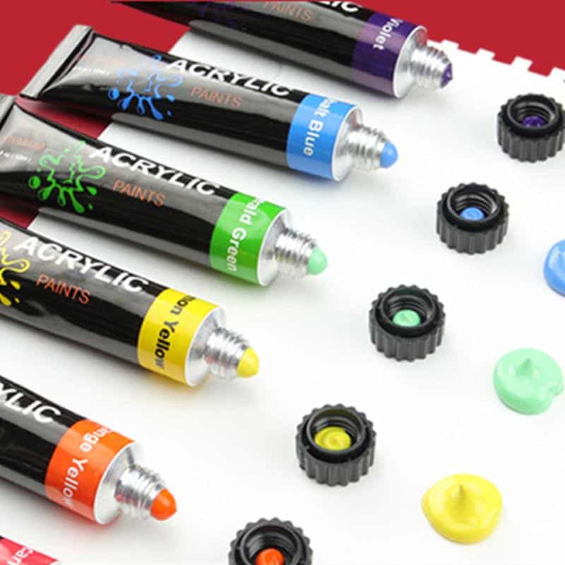 Brightly colored acrylic paint tubes and caps displayed on a white background, perfect for art supplies, painting, and DIY projects at Monalisa Store.