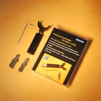 Professional leather carving swivel knife with replaceable stainless steel blades for detailed design work. Suitable for crafts, leather art, and DIY projects. Located alongside precision tools and instructions.
