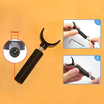 Optical lens cleaning tool with crescent-shaped microfiber head and precision metal handle for eyeglasses and camera lenses. Compact design, easy to use for proper lens maintenance.