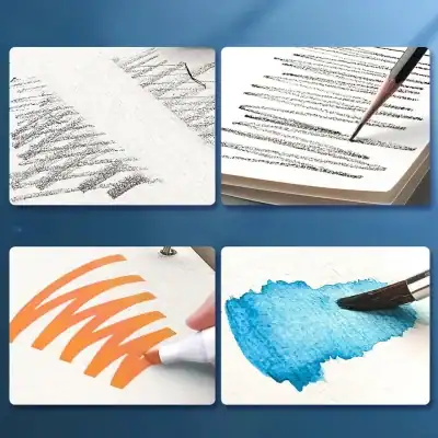 Graffiti art on paper showing various drawing and coloring techniques, including textured pencil sketches, handwritten notes, vibrant orange stripes, and watercolor effects, demonstrating creative artistic skills at Monalisa Store.