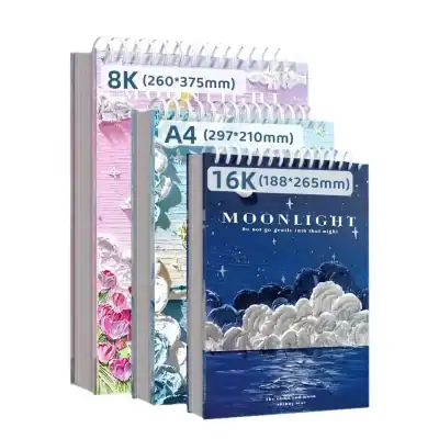 Vibrant spiral notebooks with moon and cloud illustrations, available in various sizes for note-taking, art, and stationery enthusiasts. Perfect for students and professionals seeking stylish, high-quality notebooks.