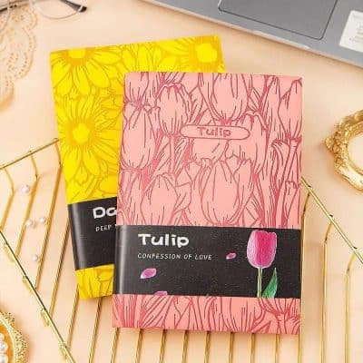 Beautiful floral-themed notebooks with colorful tulip illustrations, perfect for journaling or gifting, available at Monalisa Store for lovers of love and poetic writing.