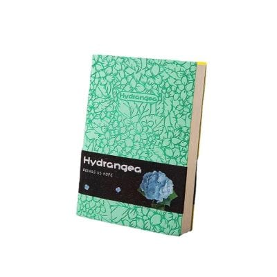 Hydrangea flower seed packet, botanical plant seeds for gardening and home decor.