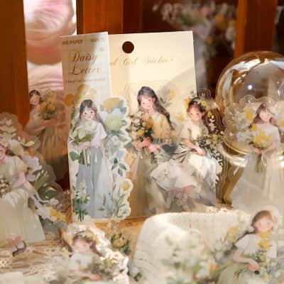 Daisy Girl Sticker and Paper Decor Set featuring floral designs and cute girl illustrations, perfect for children’s room decor and celebrations.