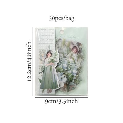 Deluxe 30-pack paper flower and girl sticker set for spring-themed crafts, scrapbooking, and decorations, featuring floral designs and adorable girl illustrations.