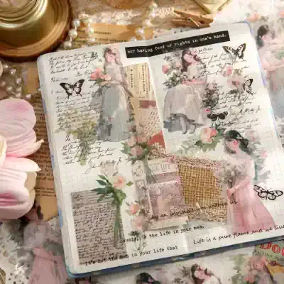 Flower-themed vintage journal with floral illustrations, handwritten text, and butterfly embellishments for creative scrapbooking and journaling.