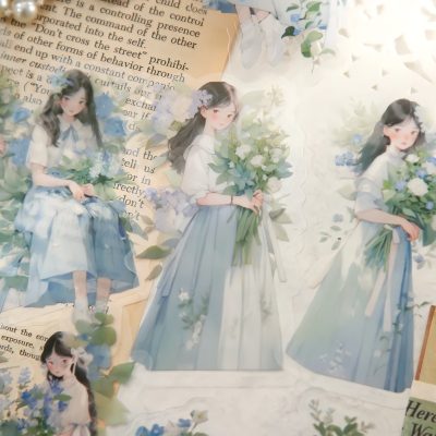 Flower girl illustrations with blue and white floral accents for child's fashion and accessories at Monalisa Store.