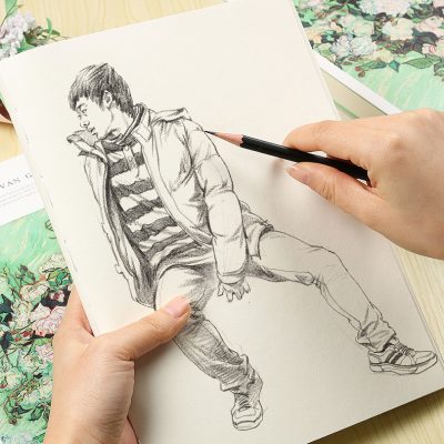 Vibrant sketch of a young boy wearing a striped shirt, jacket, and sneakers, sitting on a sketchpad, illustrating artistic and creative activities at Monalisa Medical Store.