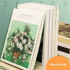 Vivid artwork of Vincent van Gogh's floral painting displayed in a sketch book at Monalisa Medical store.