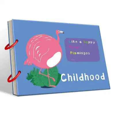 Colorful children's book cover featuring a cute pink flamingo illustration with playful text about childhood memories and happiness. Perfect for early education reading materials.