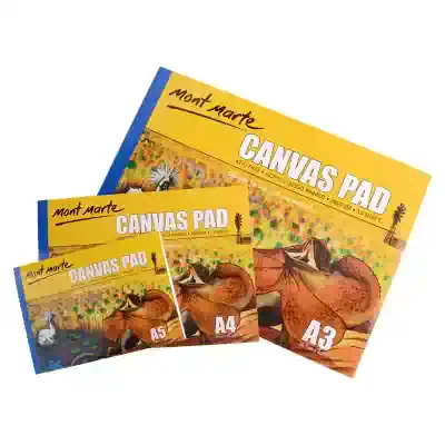 Vibrant Mont Marte canvas pads in A3, A4, and A5 sizes featuring colorful artwork, ideal for artists and hobbyists, perfect for painting, sketching, and creative projects.