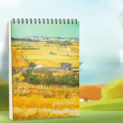Bakery-themed sketchbook with countryside landscape, cornfields, and rustic farm elements, ideal for creative and artistic projects, at Monalisa Medical store.