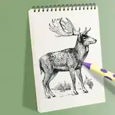 Black and white sketch of a majestic deer with large antlers being colored with a purple and yellow marker on a notepad. Perfect for art, coloring, or wildlife illustration keywords.