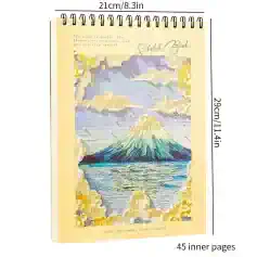 Bright artistic sketchbook featuring a watercolor daytime scene of Mount Fuji with clouds, moon, and reflections on the water, perfect for art, travel, and nature-inspired stationery collections.