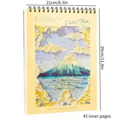 Bright artistic sketchbook featuring a watercolor daytime scene of Mount Fuji with clouds, moon, and reflections on the water, perfect for art, travel, and nature-inspired stationery collections.