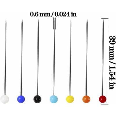 Colorful sewing pins with colored heads, ideal for fabric and craft projects, displayed with precise measurements for professional use.
