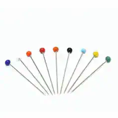 Color-coded sewing pins for embroidery and craft projects, featuring multiple vibrant colors to help secure fabrics and materials effectively.