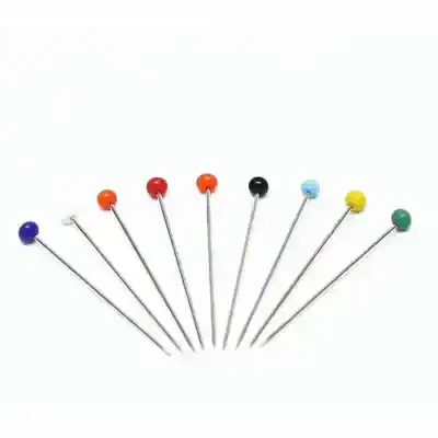 Color-coded sewing pins for embroidery and craft projects, featuring multiple vibrant colors to help secure fabrics and materials effectively.