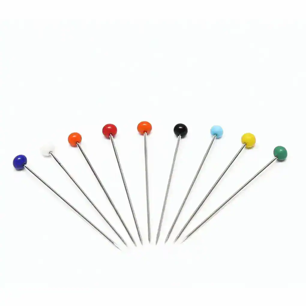 Color-coded sewing pins for embroidery and craft projects, featuring multiple vibrant colors to help secure fabrics and materials effectively.