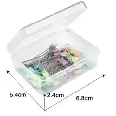 Colorful sewing pins storage box with dimensions 6.8cm x 5.4cm x 2.4cm, ideal for organizing eye care tools, eyelash extensions, and optical supplies at Monalisa Medical Store.