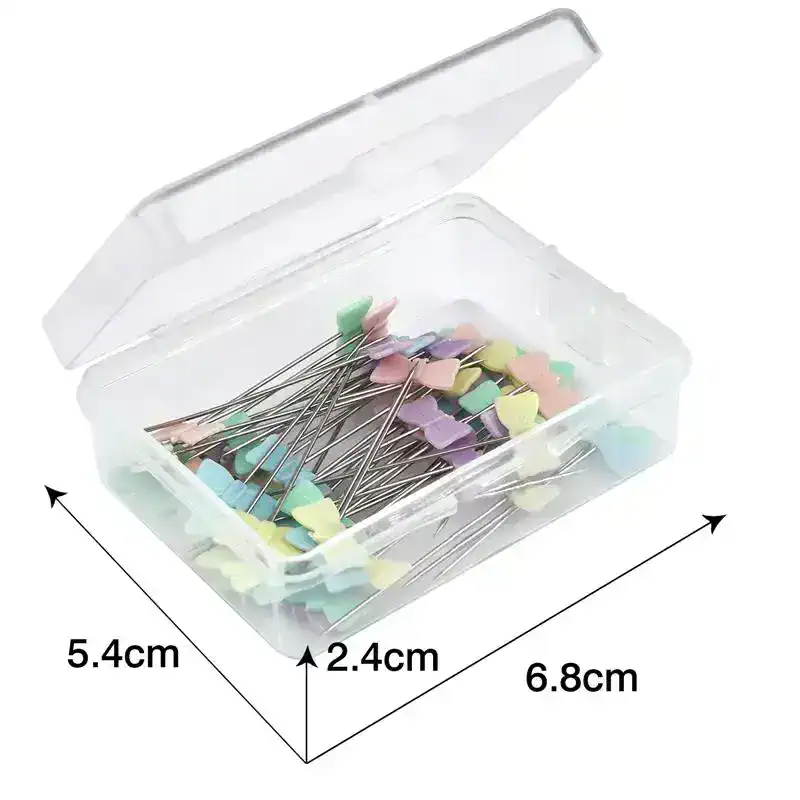 Colorful sewing pins storage box with dimensions 6.8cm x 5.4cm x 2.4cm, ideal for organizing eye care tools, eyelash extensions, and optical supplies at Monalisa Medical Store.