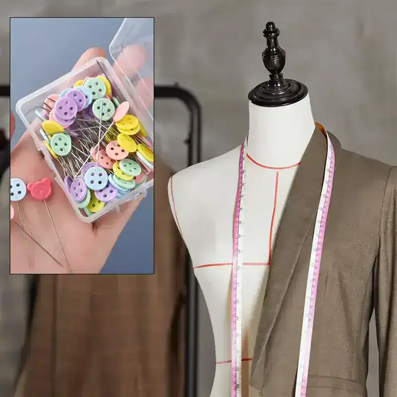 Colorful sewing pins with heart-shaped heads in pastel shades, ideal for tailoring and dressmaking.