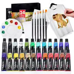 Monalisa store fabric paint set for t-shirts and fabric arts with 24 colors, brushes, and palette for creative DIY clothing decorating projects.