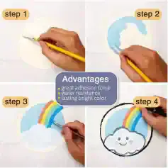 Colorful rainbow cloud illustration demonstrating step-by-step painting process for kids and DIY art projects.