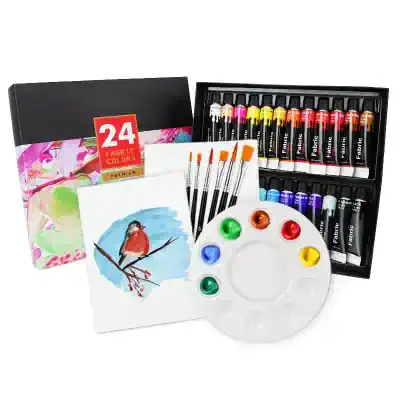 Bright watercolor paint set with 24 fabric colors, brushes, and palette, ideal for creative art projects and painting on fabric, perfect for artists and hobbyists.