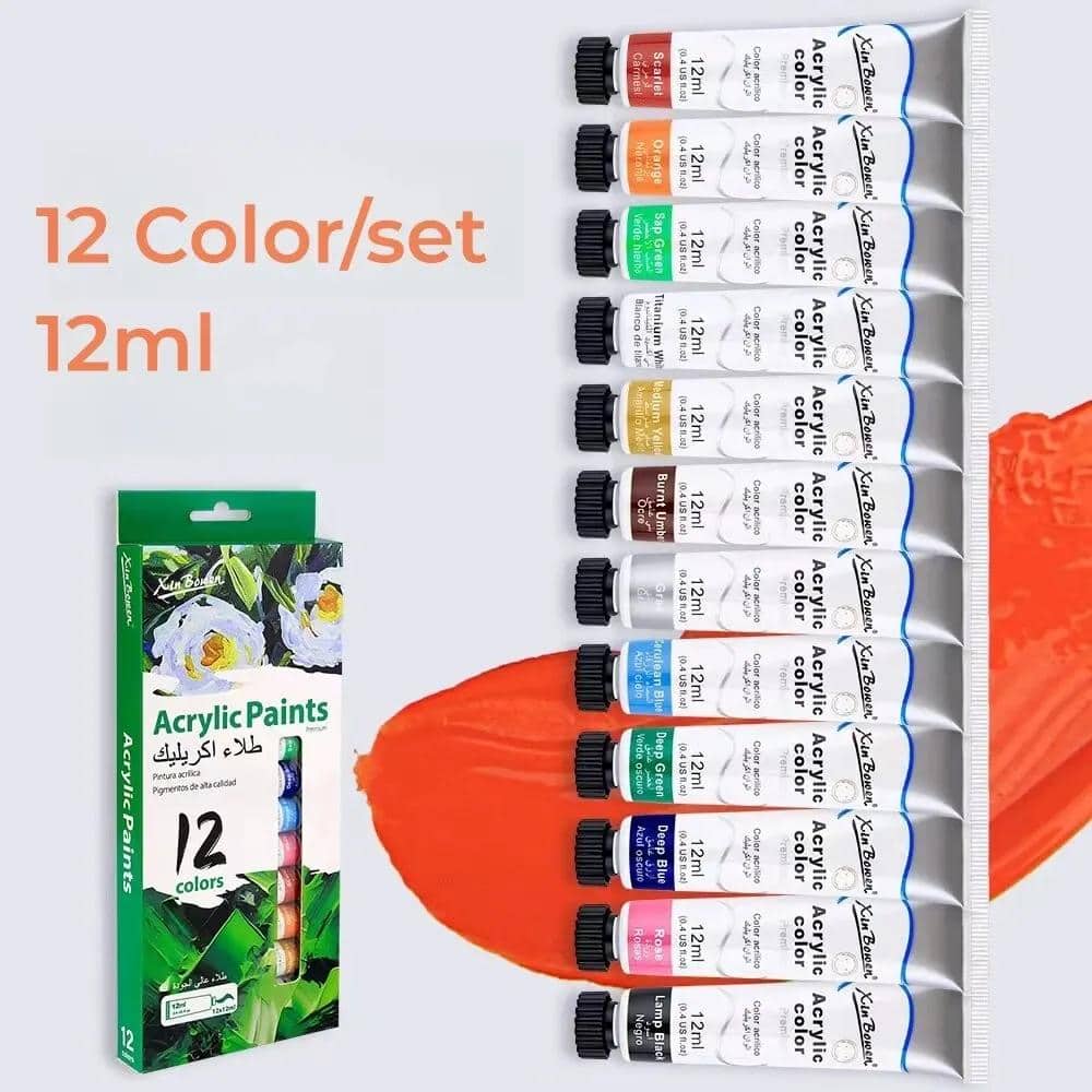 Vibrant set of 12 acrylic paint tubes in assorted colors, 12ml each, ideal for art projects, craft, and painting; includes color options like red, blue, green, yellow, and more for creative expression.