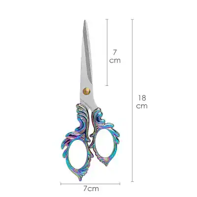 High-quality hairdressing scissors with intricate rainbow-colored handle design, 18cm length, perfect for professional salons and hair styling.