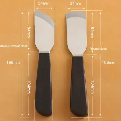 Knife measuring tools for kitchen, culinary, or professional use, with detailed size specifications and ergonomic black handles, ideal for food preparation and chef needs.