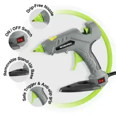 Heavy-duty hot glue gun with removable stand, trigger safety, anti-slip grip, ON/OFF switch, drip-free nozzle, ideal for crafts and DIY projects. Perfect for precise adhesive application and versatile use.