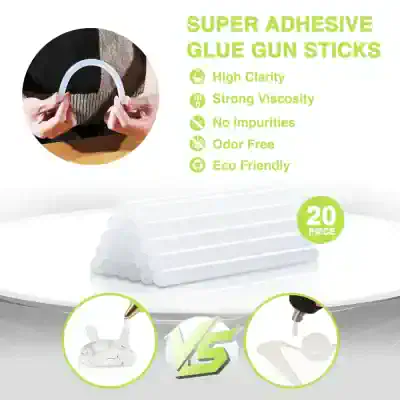 Super adhesive glue gun sticks for opt repairs, high clarity, strong viscosity, no impurities, odor-free, eco-friendly, 20-piece pack for durable bonding in medical and optical applications.
