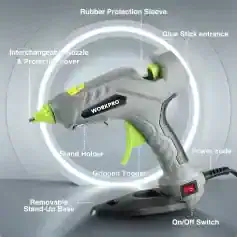 High-quality hot melt glue gun with ergonomic design, interchangeable nozzle, protective sleeve, and removable stand for easy use in medical, craft, and industrial applications.