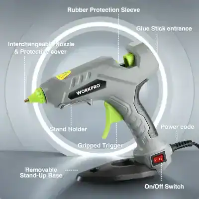 High-quality hot melt glue gun with ergonomic design, interchangeable nozzle, protective sleeve, and removable stand for easy use in medical, craft, and industrial applications.