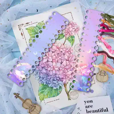 Colorful cross-stitch embroidery floss bobbins on Hydrangea flower embroidery pattern, ideal for embroidery, sewing, and craft projects at Monalisa Store.