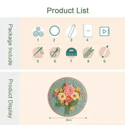 Colorful floral embroidery kit for creating DIY needlework art, includes essential sewing tools and accessories for intricate craft projects.